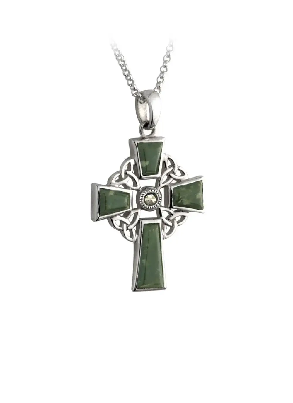 White background cut out shot of Sterling Silver Connemara Marble Celtic Cross Pendant